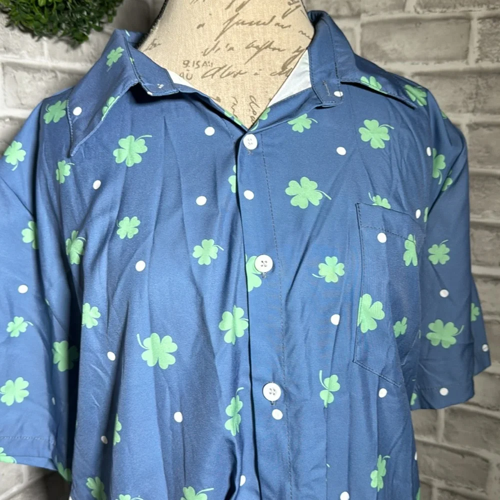 Men's Blue button up Shirt with Green Clovers & dots - Picture 6 of 8